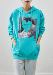 Women Blue Hooded PocketsPrint Cotton Sweatshirt Streetwear Fall