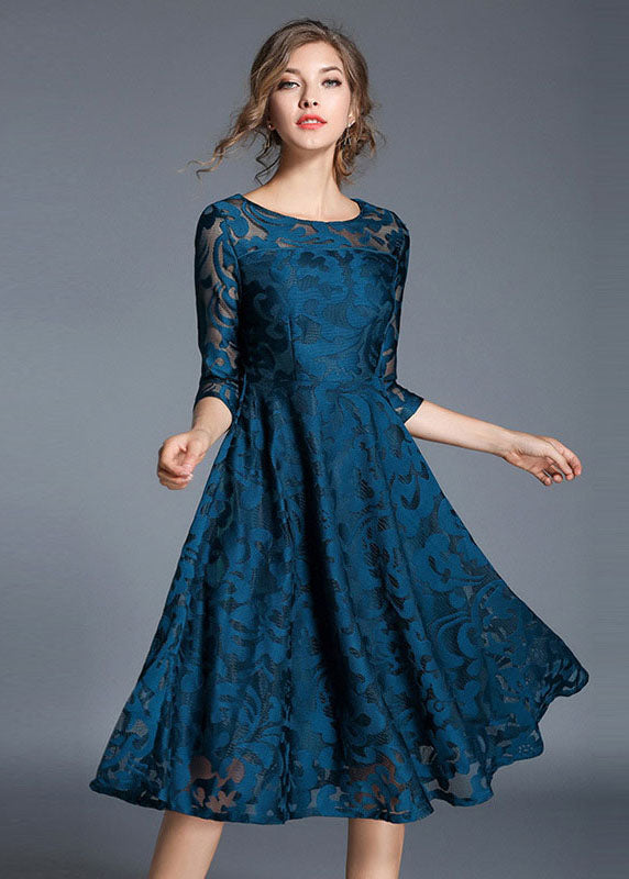 Women Blue Jacquard Wrinkled Patchwork Lace Mid Dress Summer