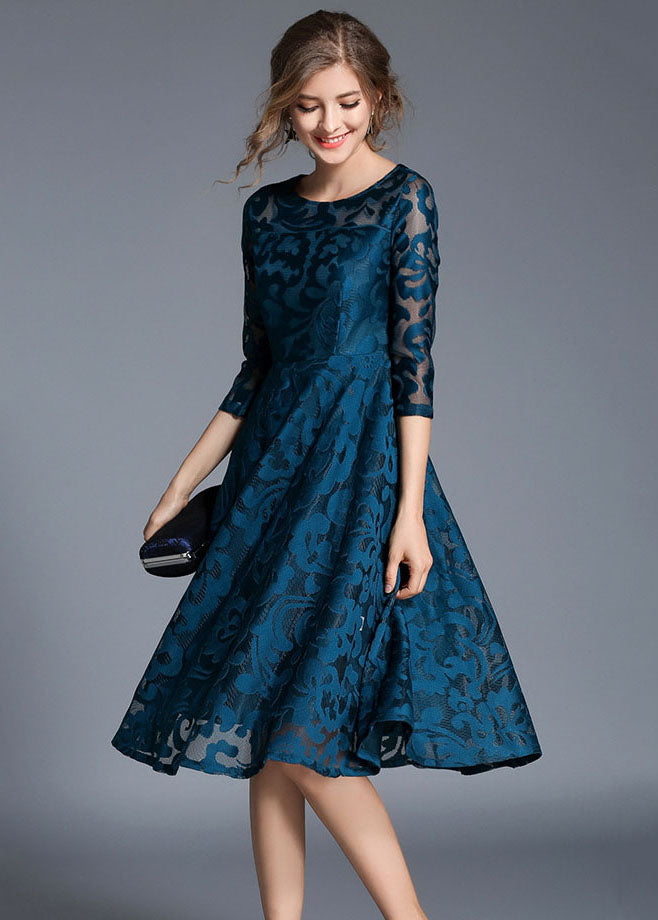 Women Blue Jacquard Wrinkled Patchwork Lace Mid Dress Summer