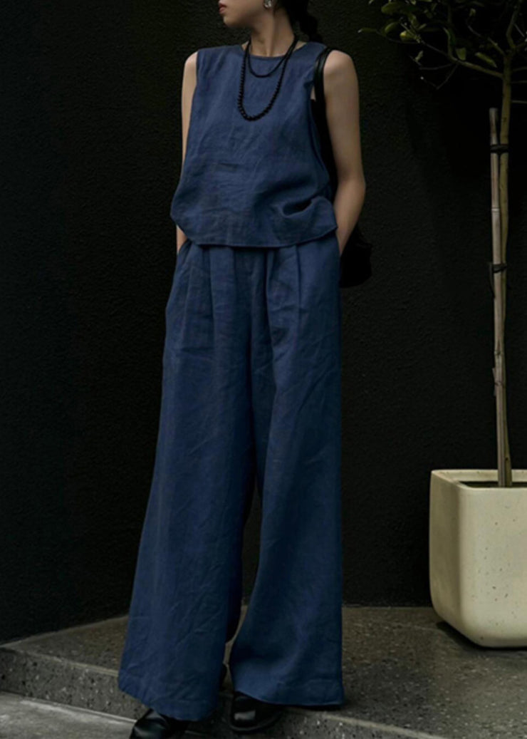 Women Blue Linen Vest And Wide Leg Pants Two Pieces Set Sleeveless