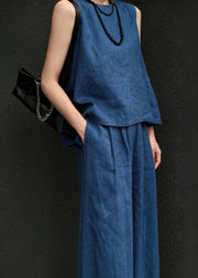 Women Blue Linen Vest And Wide Leg Pants Two Pieces Set Sleeveless