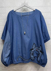 Women Blue O-Neck Embroideried Patchwork Denim Top Summer