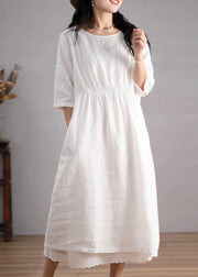 Women Blue O Neck Pockets Wrinkled Linen Dresses Summer