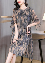 Women Brown O Neck Print False Two Pieces Silk Dresses Summer