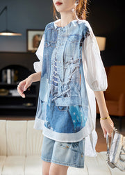 Women Blue O Neck Print Plus Size Linen Blouses Half Sleeve