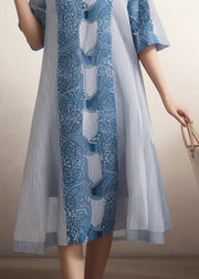 Women Blue O Neck Print Plus Size Silk Dress Summer