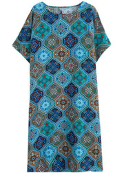 Women Blue O-Neck Print Pockets Linen Dress Short Sleeve