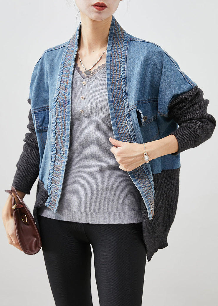 Women Blue Oversized Patchwork Knit Denim Loose Coat Fall