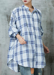 Women Blue Oversized Plaid Cotton Blouses Lantern Sleeve