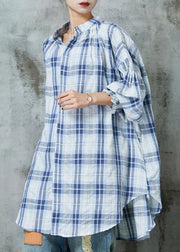 Women Blue Oversized Plaid Cotton Blouses Lantern Sleeve