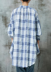 Women Blue Oversized Plaid Cotton Blouses Lantern Sleeve