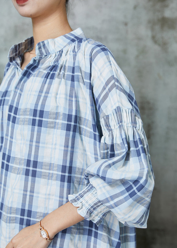 Women Blue Oversized Plaid Cotton Blouses Lantern Sleeve