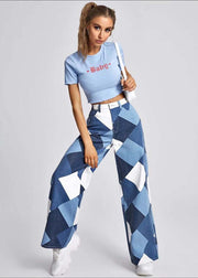 Women Blue Oversized Plaid Denim Straight Pants Summer