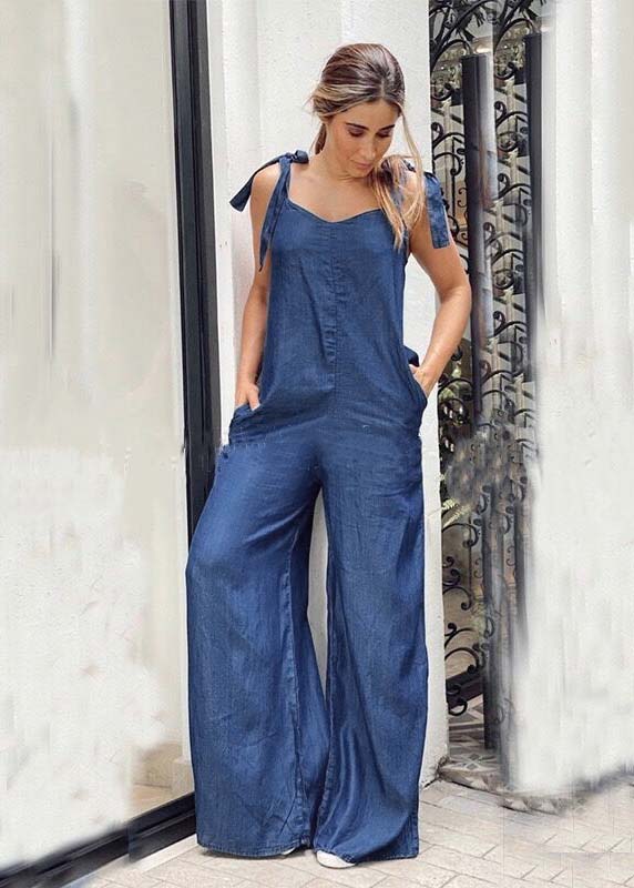 Women Blue Oversized Pockets Denim Wide Leg Jumpsuit Summer