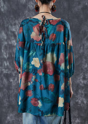 Women Blue Oversized Print Cotton Shirt Top Summer