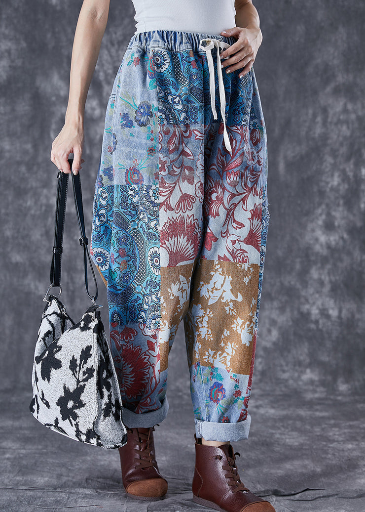 Women Blue Oversized Print Denim Harem Pants Fall