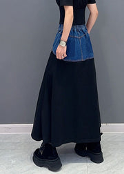 Women Blue Patchwork Black High Waist Denim Maxi Fish Tail Skirts