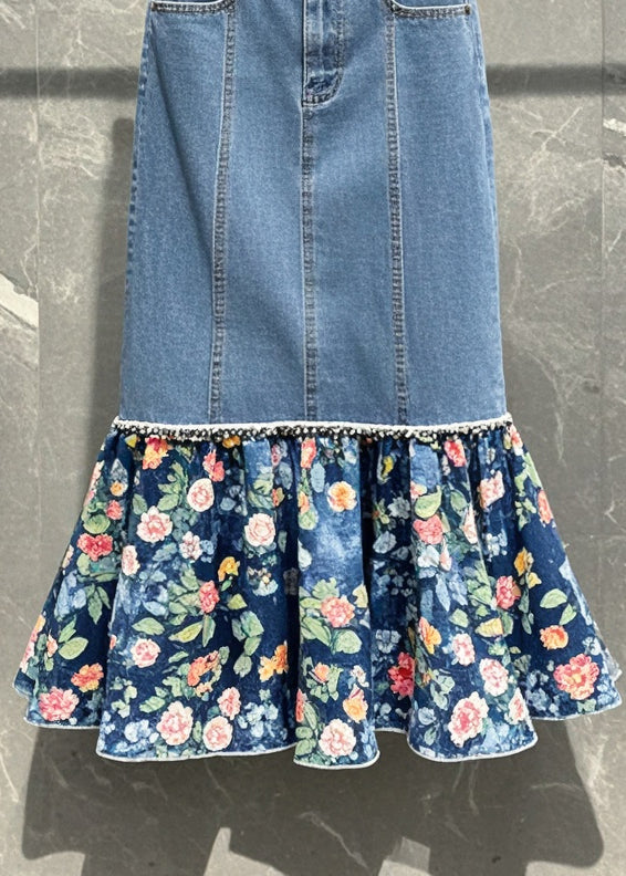 Women Blue Patchwork Print Denim Wraped Skirt Fall