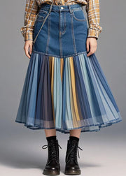 Women Blue Patchwork Rainbow Striped Denim Skirt Fall