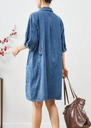 Women Blue Peter Pan Collar Cinched Denim Dress Half Sleeve