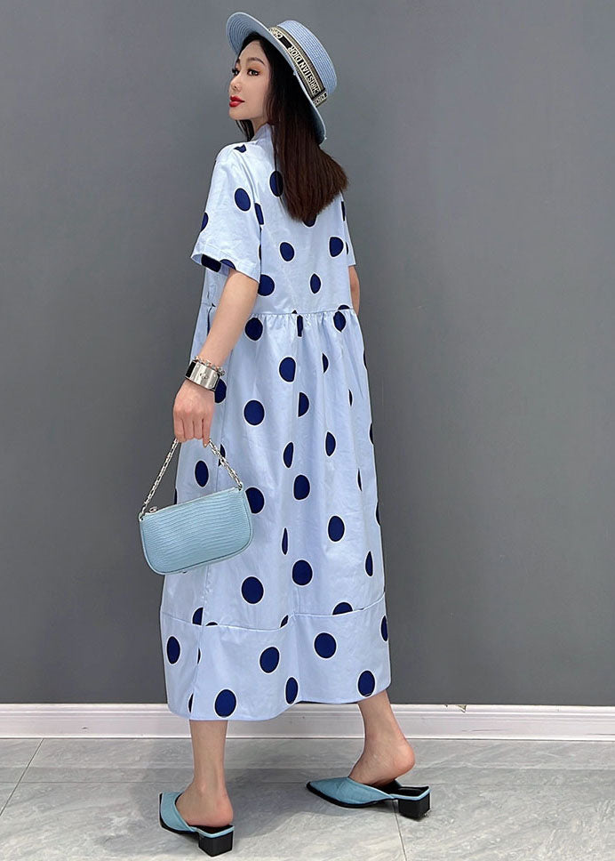 Women Blue Peter Pan Collar Dot Print Pockets Shirt Dresses Short Sleeve