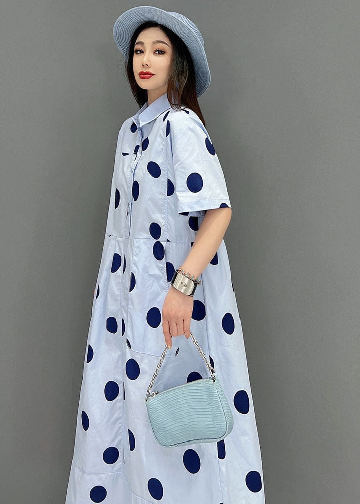 Women Blue Peter Pan Collar Dot Print Pockets Shirt Dresses Short Sleeve