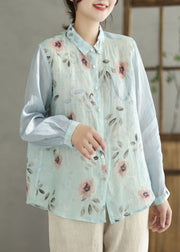 Women Blue Peter Pan Collar Print Linen Shirt Spring