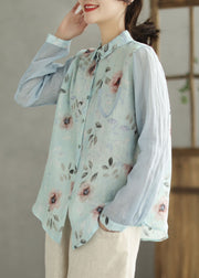 Women Blue Peter Pan Collar Print Linen Shirt Spring