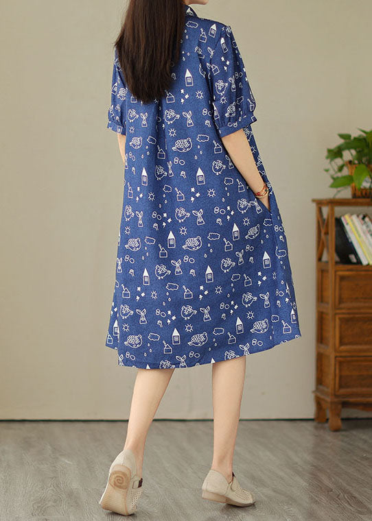 Women Blue Peter Pan Collar Print Patchwork Denim Shirts Dress Summer