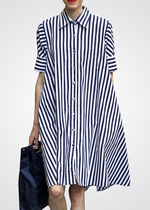 Women Blue Peter Pan Collar Striped Cotton Shirt Dress Short Sleeve