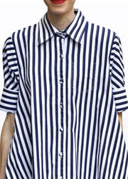 Women Blue Peter Pan Collar Striped Cotton Shirt Dress Short Sleeve