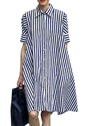 Women Blue Peter Pan Collar Striped Cotton Shirt Dress Short Sleeve