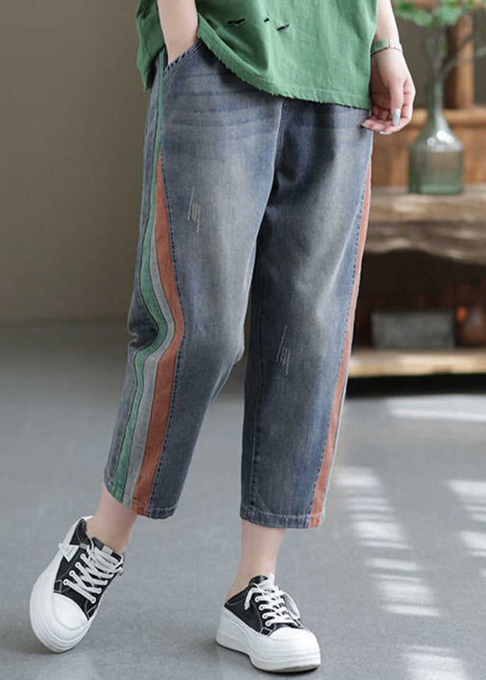 Women Blue Pockets Elastic Waist Denim Crop Pants Summer