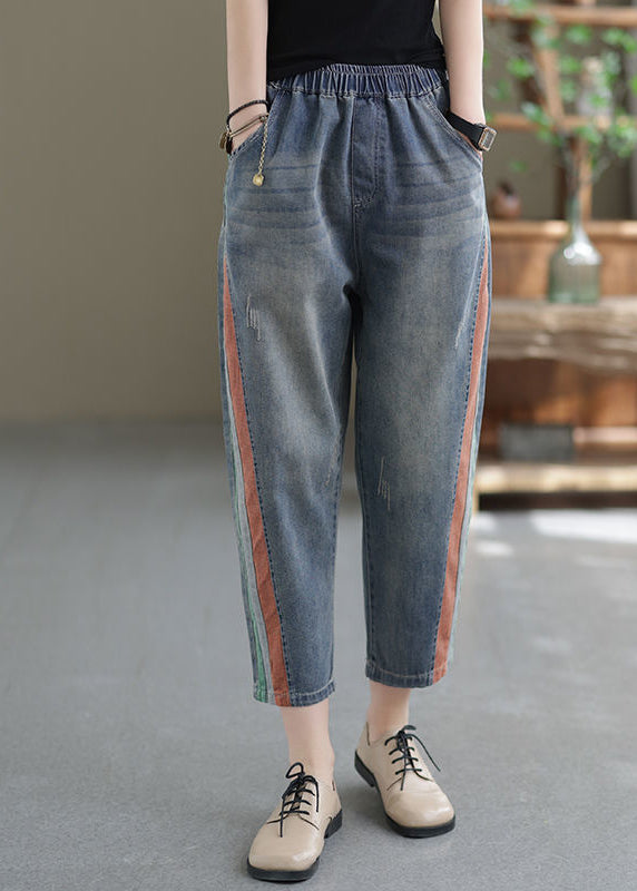 Women Blue Pockets Elastic Waist Denim Crop Pants Summer