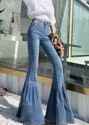 Women Blue Pockets High Waist Denim Flared Trousers Summer