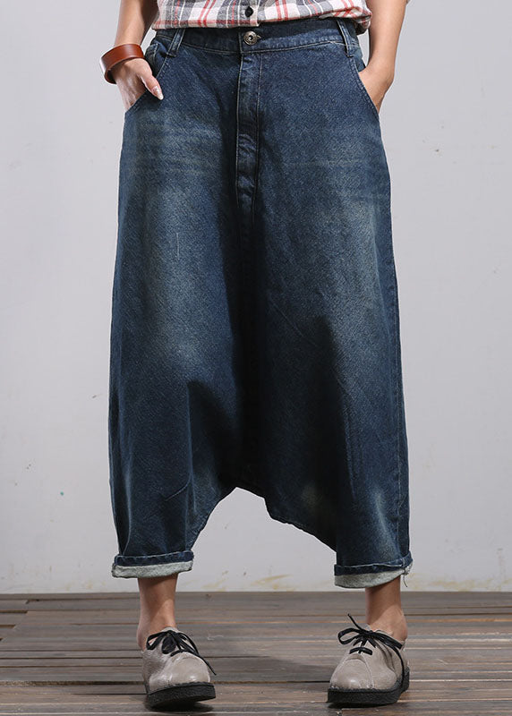 Women Blue Pockets Patchwork Denim Harem Pants Spring