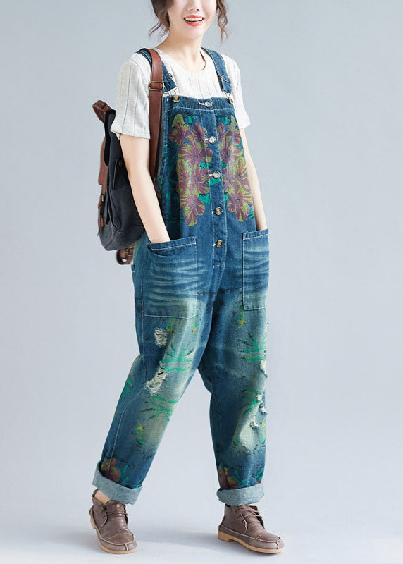 Women Blue Pockets Patchwork Print Denim Jumpsuit Spring