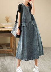 Women Blue Pockets Wrinkled Patchwork Denim Dresses Summer