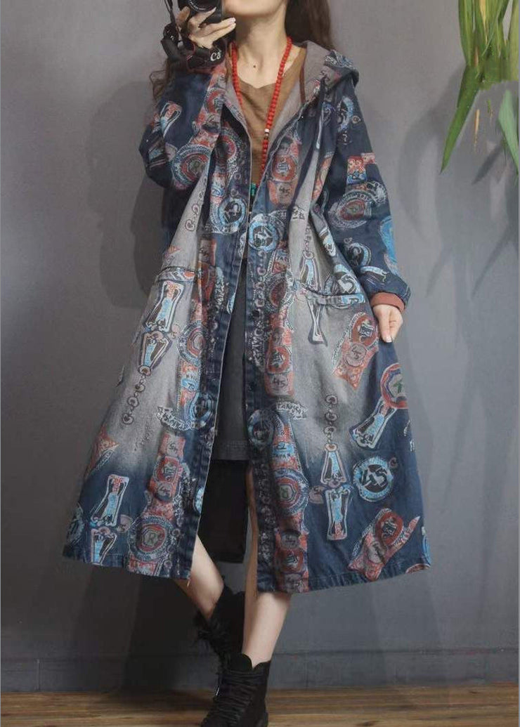 Women Blue Print Button Pockets Cotton Hoodie Denim Trench Coat Long Sleeve