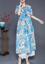 Women Blue Print Exra Large Hem Linen Vacation Dresses Summer