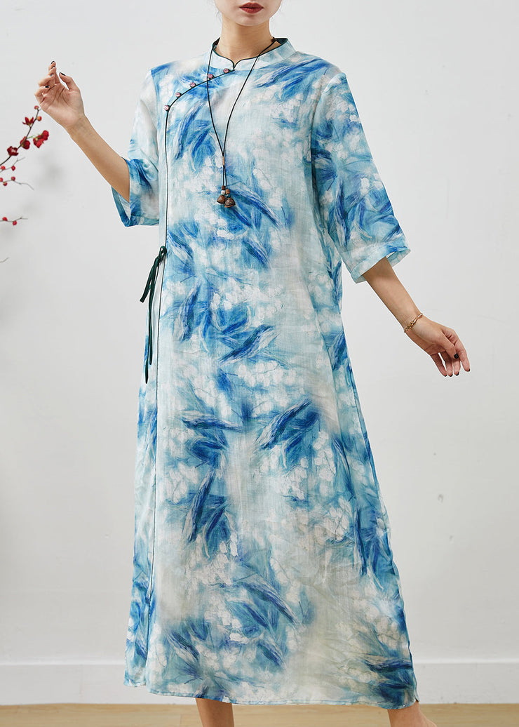 Women Blue Print Lace Up Linen Cheongsam Dresses Summer