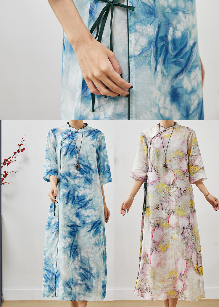 Women Blue Print Lace Up Linen Cheongsam Dresses Summer