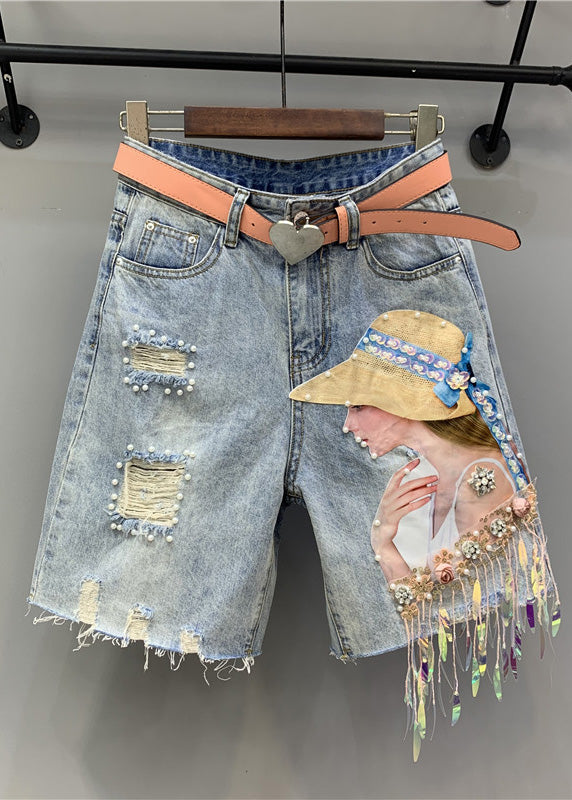 Women Blue Print Nail Bead Tassel Ripped Shorts