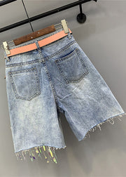 Women Blue Print Nail Bead Tassel Ripped Shorts