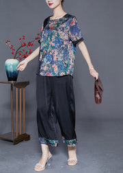 Women Blue Print Patchwork Silk Two Pieces Set Summer