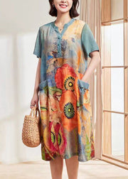 Women Blue Print Pockets Cotton Dresses Short Sleeve