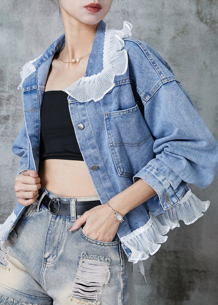 Women Blue Ruffled Patchwork Denim Coats Spring