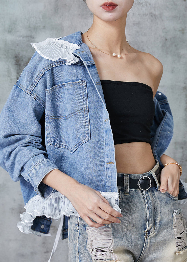 Women Blue Ruffled Patchwork Denim Coats Spring