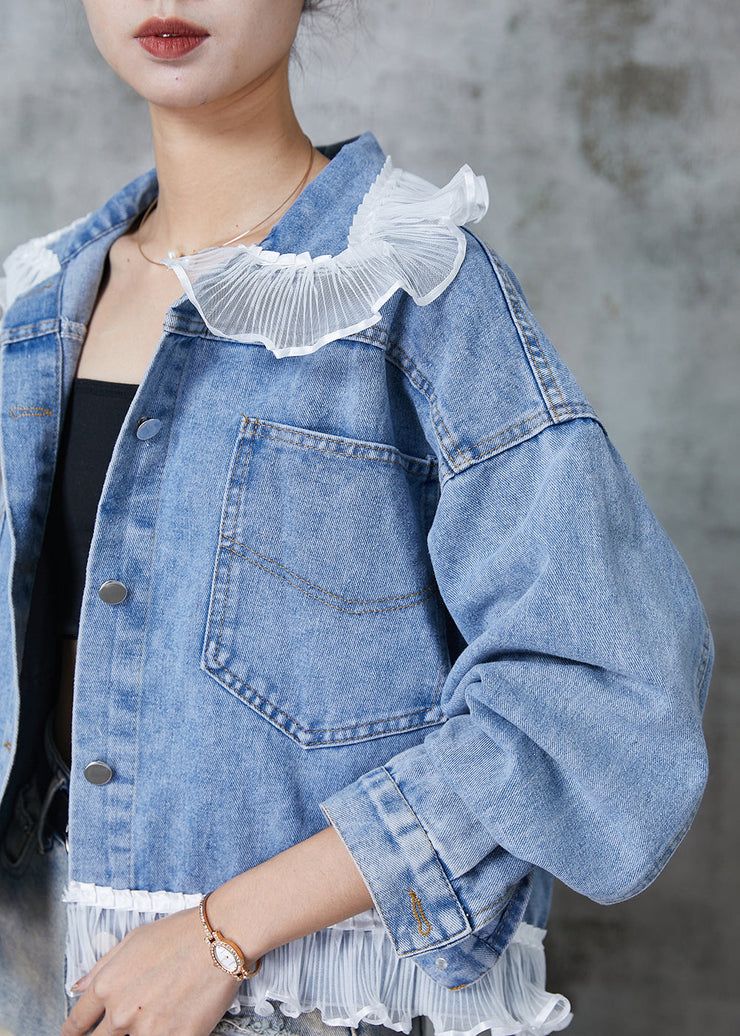 Women Blue Ruffled Patchwork Denim Coats Spring