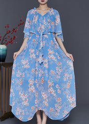 Women Blue Ruffled Print Chiffon Dresses Cloak Sleeves